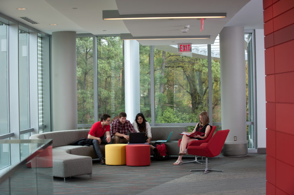 Students meeting and collaborating in a casual space in Talley Student Union.